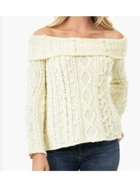Tuckernuck Ivory Cable Knit Sweater With Pom Details & Folded Neckline Small
